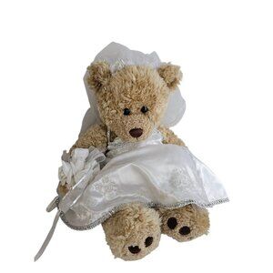 Build-A-Bear Brown Bear With Wedding Dress Bouquet Corsage And Veil 14 inch